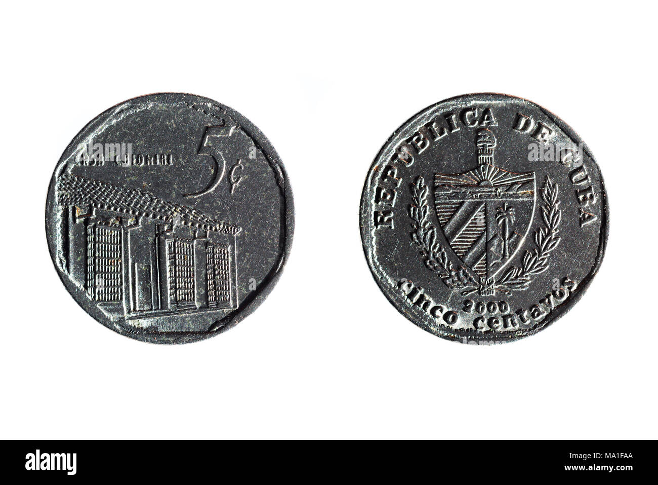 front and back of a cuban five cents on white background Stock Photo