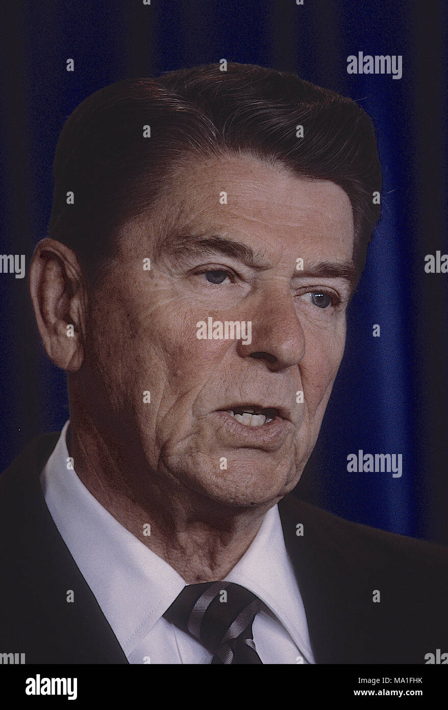 Washington, DC., USA, May 14, 1984 President Ronald Reagan delivers remarks during a question-and-answer session with reporters on foreign and domestic issues in the briefing room of the White House. Credit: Mark Reinstein/MediaPunch Stock Photo