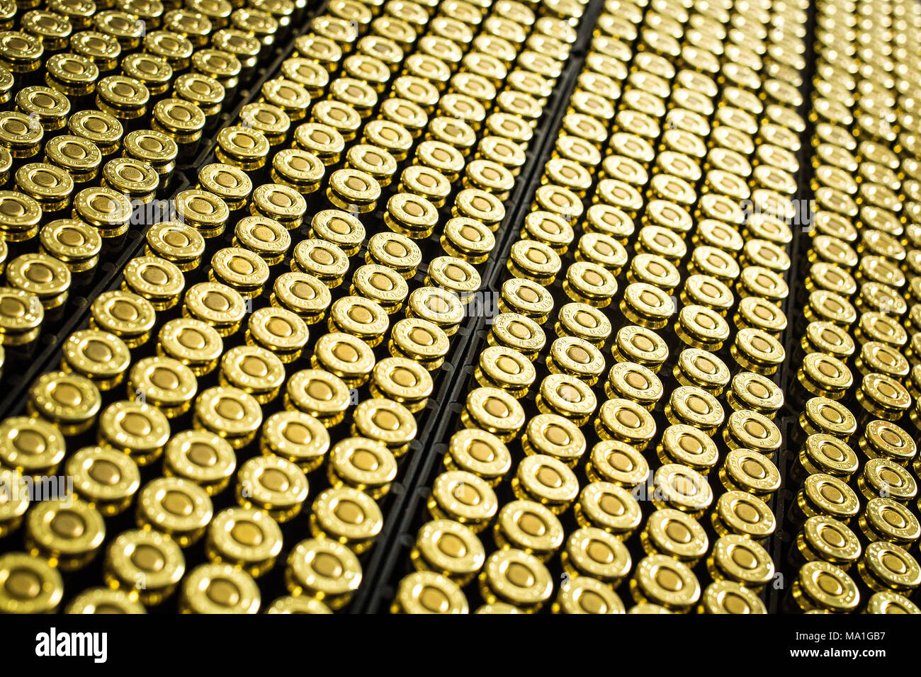 Hundreds of brass ammo rounds lined up together Stock Photo