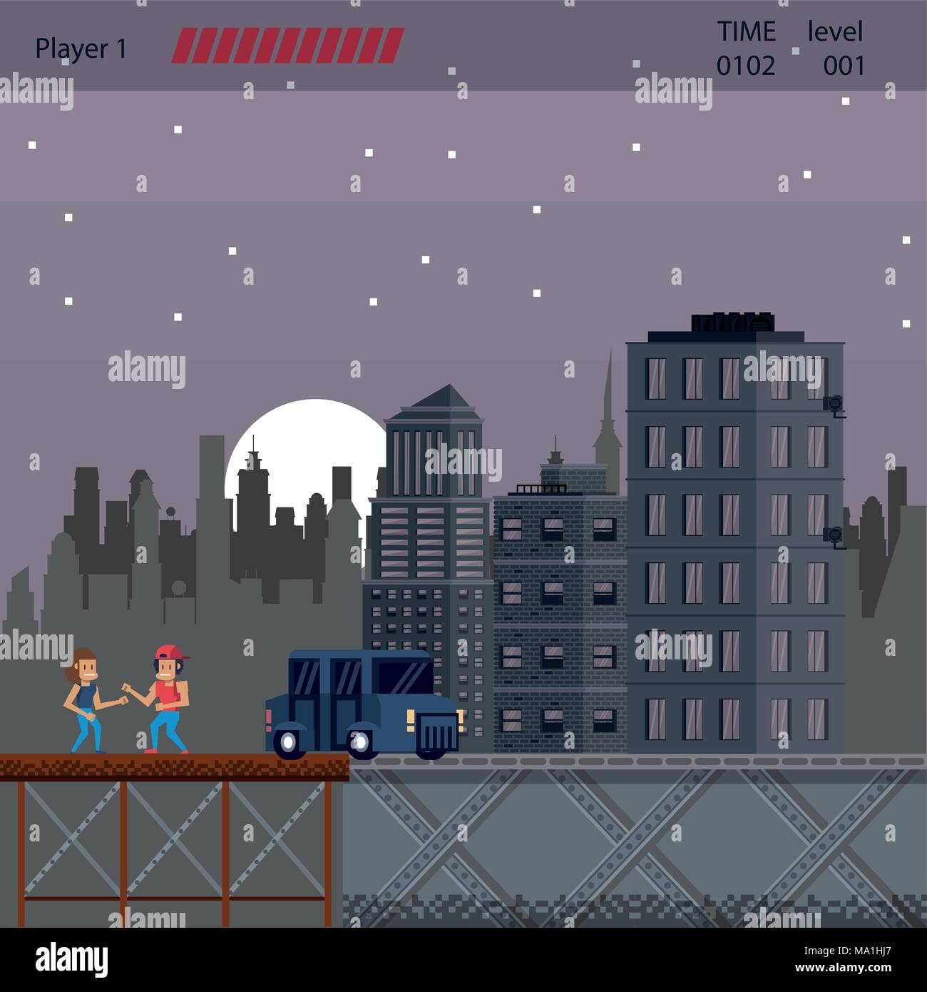 Pixelated urban videogame scenery Stock Vector