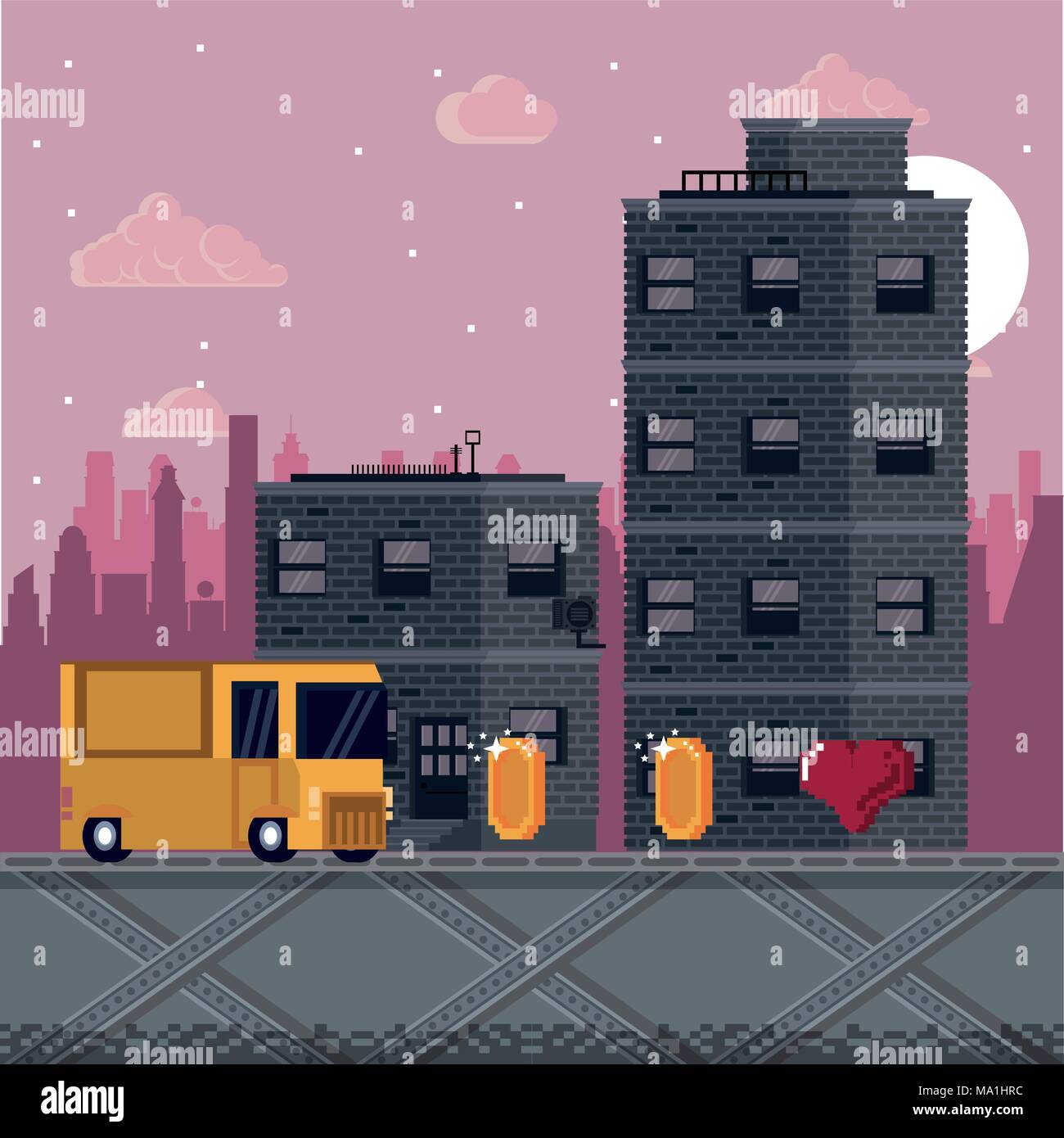 Pixelated urban videogame scenery Stock Vector