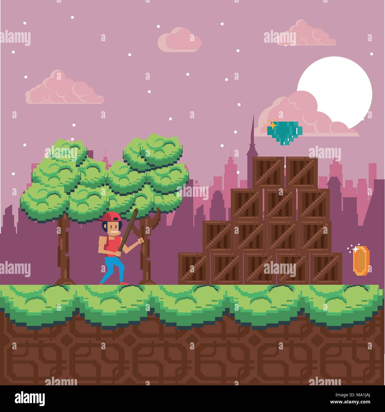 Pixelated urban videogame scenery Stock Vector