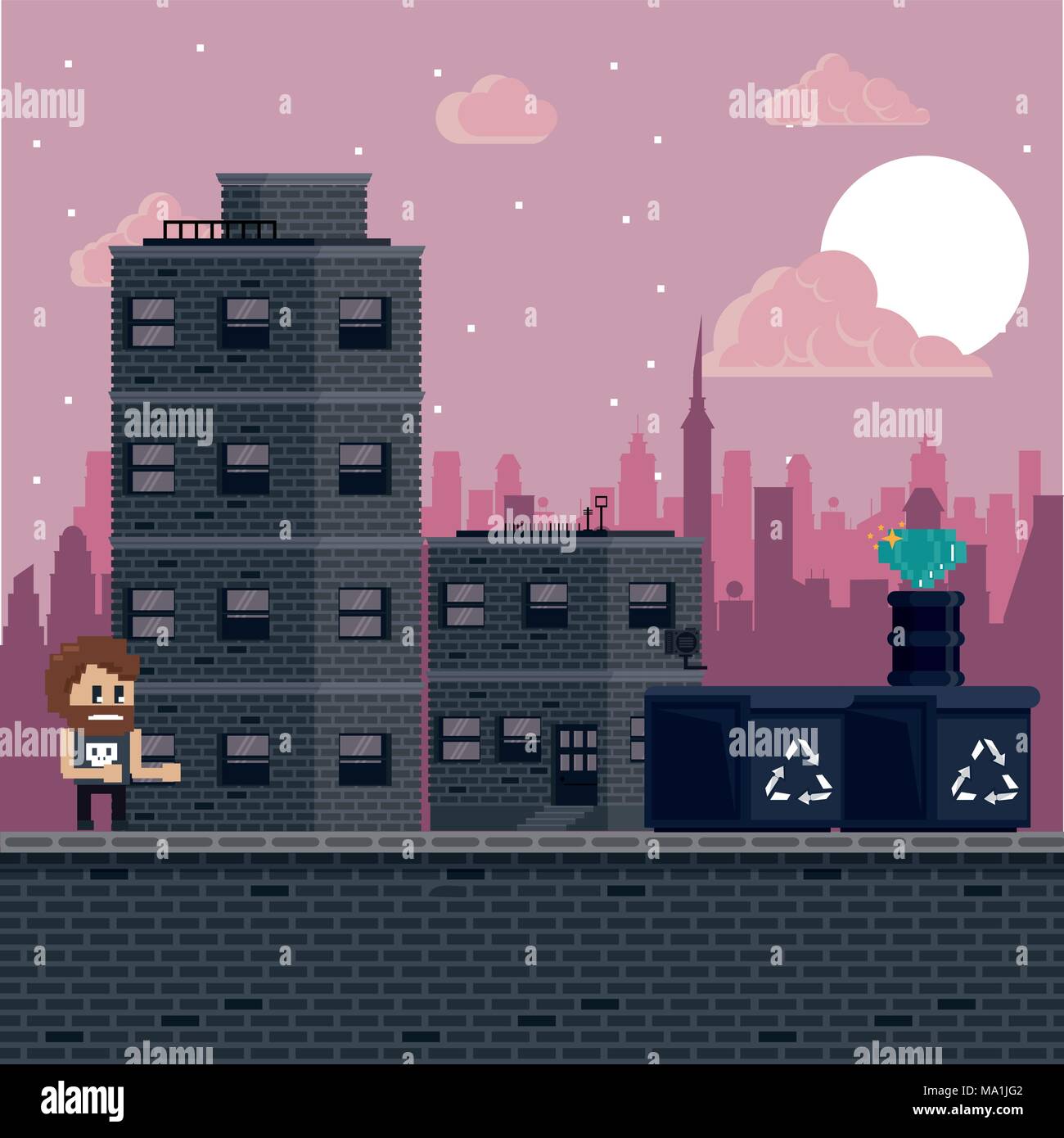 Pixelated urban videogame scenery Stock Vector