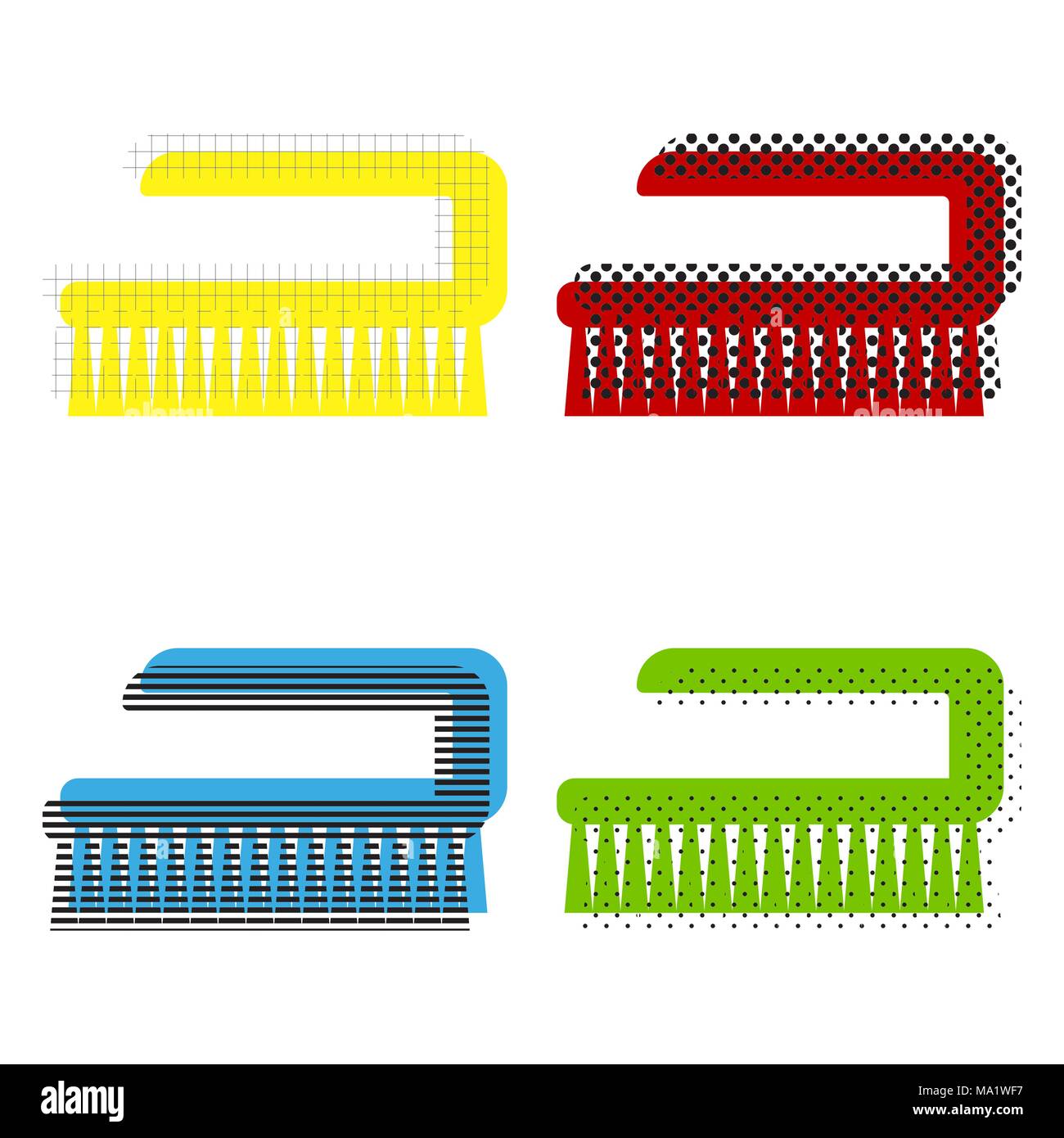 Cleaning brush hygiene tool sign. Vector. Yellow, red, blue, green icons with their black texture at white background. Stock Vector