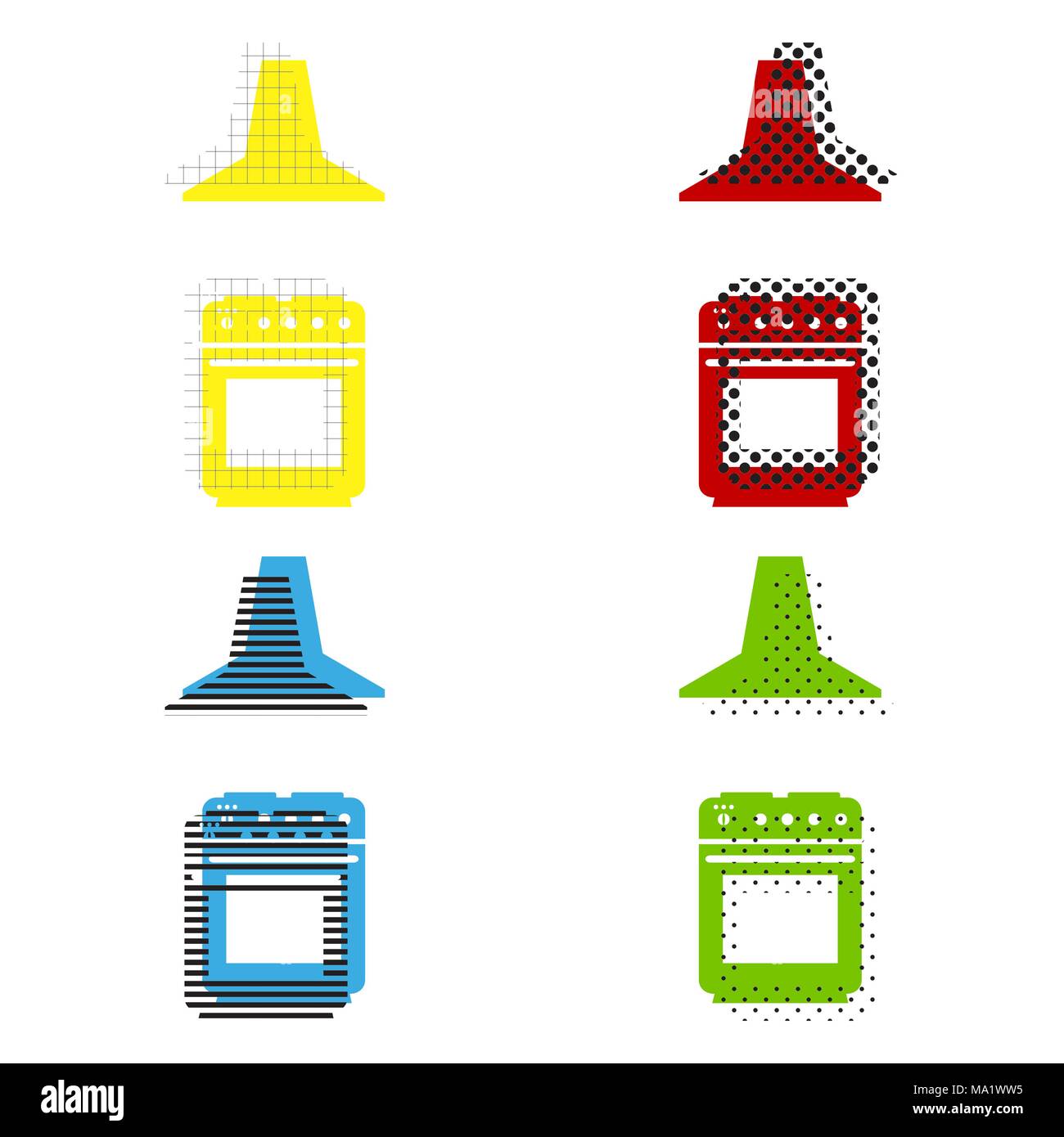 Electric or gas stove and extractor kitchen hood sign. Vector. Yellow, red, blue, green icons with their black texture at white background. Stock Vector
