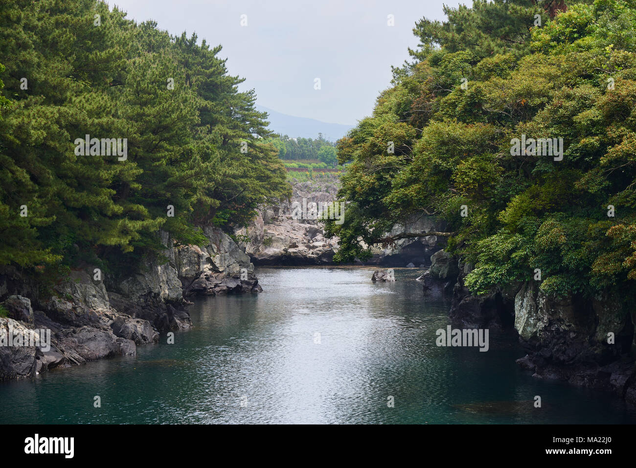 Soesokkak Estuary in Seogwipo-si. It is a attraction famous for its beautiful terrain formed by stream and seawater erosion in rocks made of lava flow Stock Photo