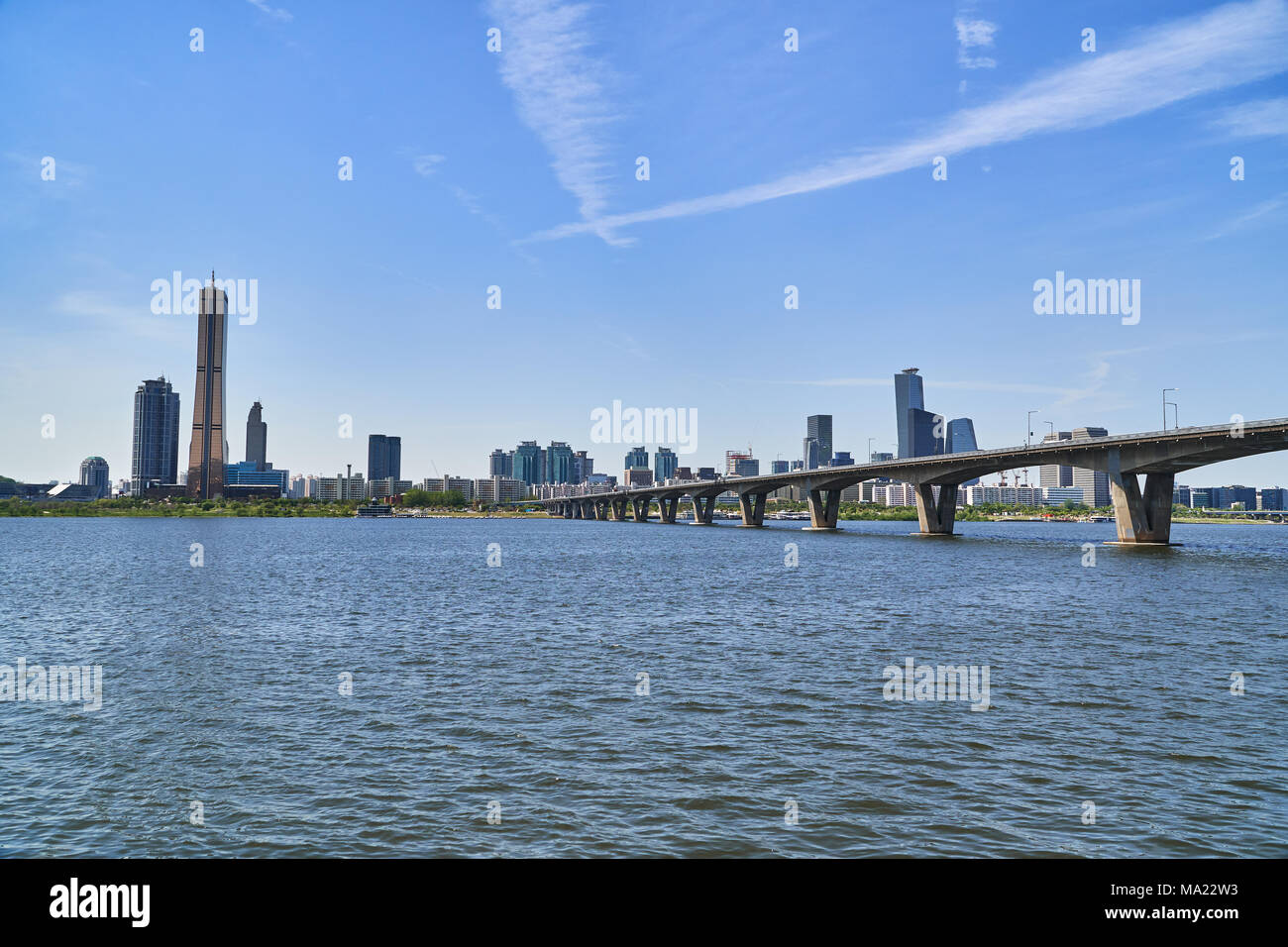 Cityscape of Yeouido in Seoul, with Wonhyo bridge, Han-river and 63 building. Stock Photo
