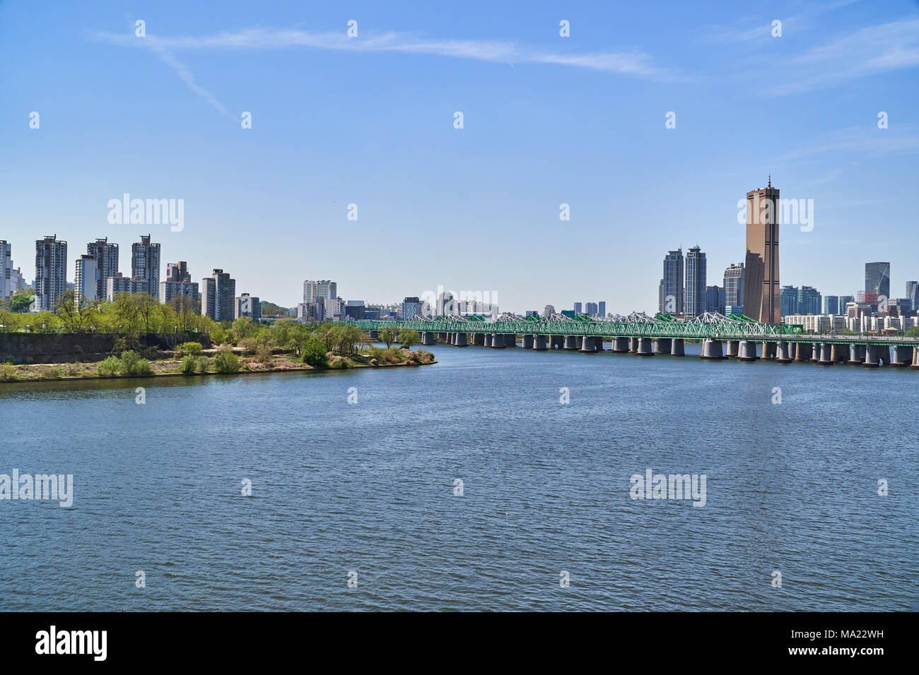 Cityscape of Yeouido in Seoul, with Hangang railway bridge, Han-river and 63 building. Stock Photo