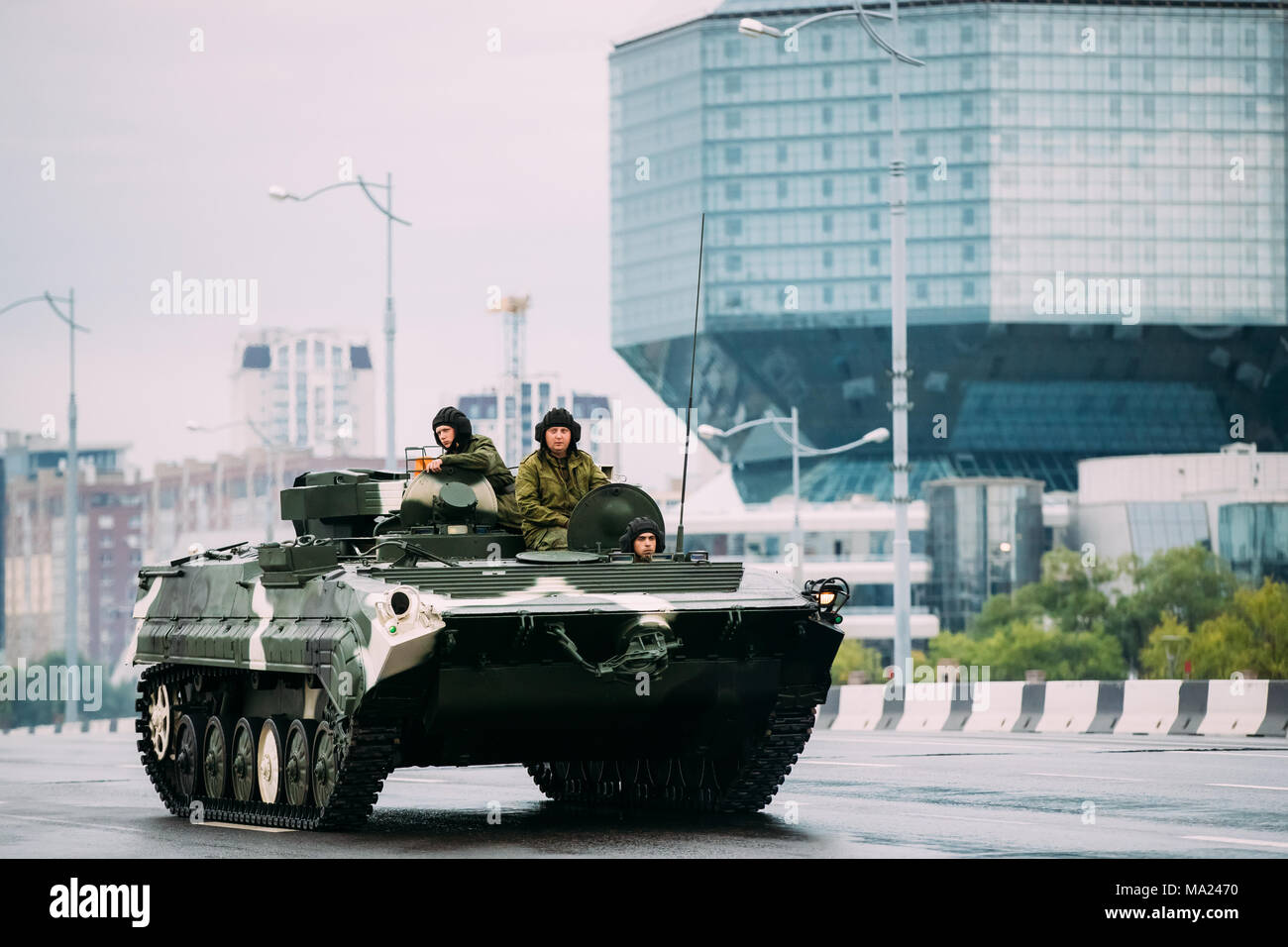 Belarus, Minsk. Military Equipment Moving Near National Library Of Belarus During Training Before Celebration Of The National Holiday - The Independen Stock Photo