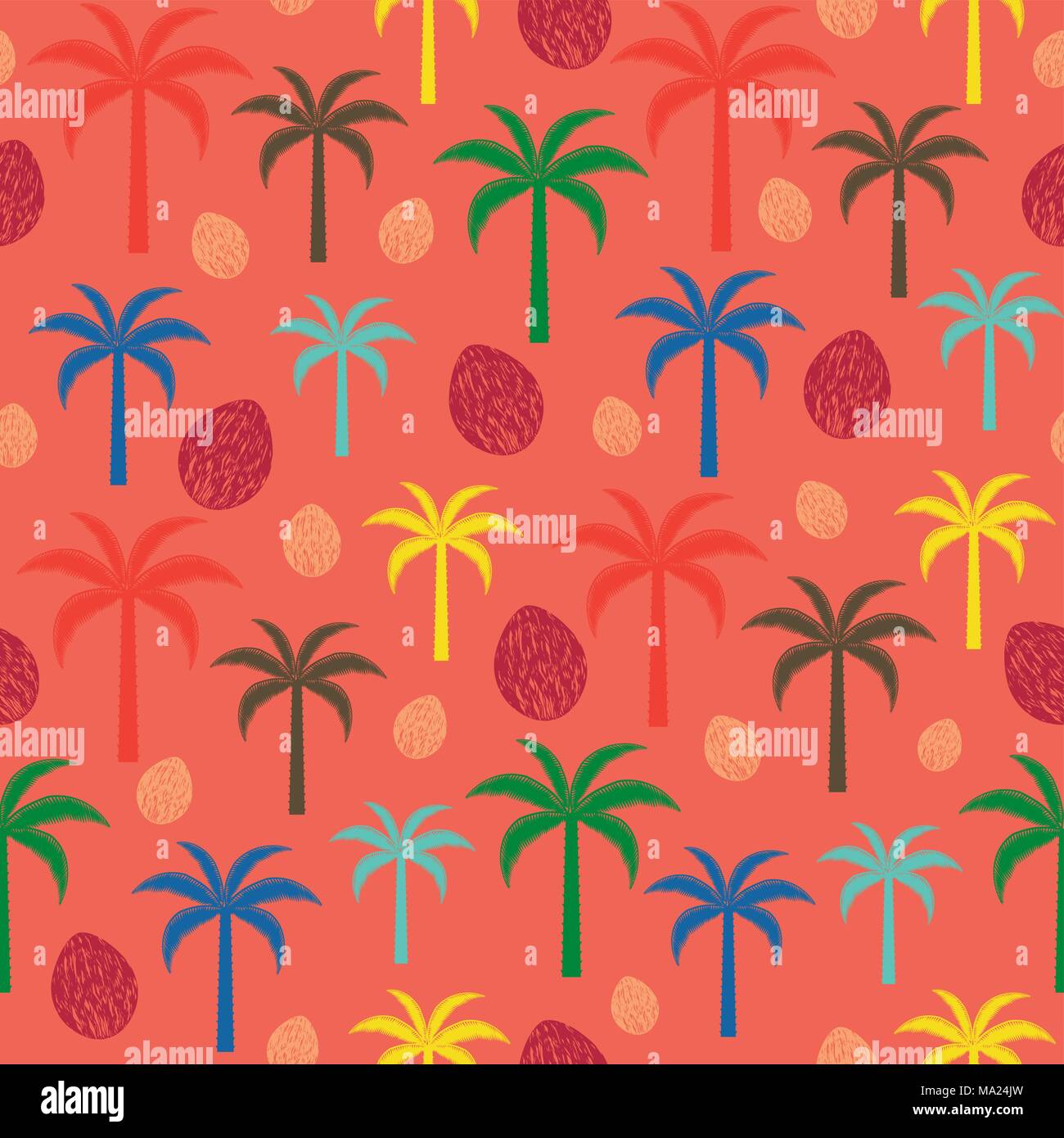 Colorful palm trees and coconuts vector seamless pattern background. Stock Vector