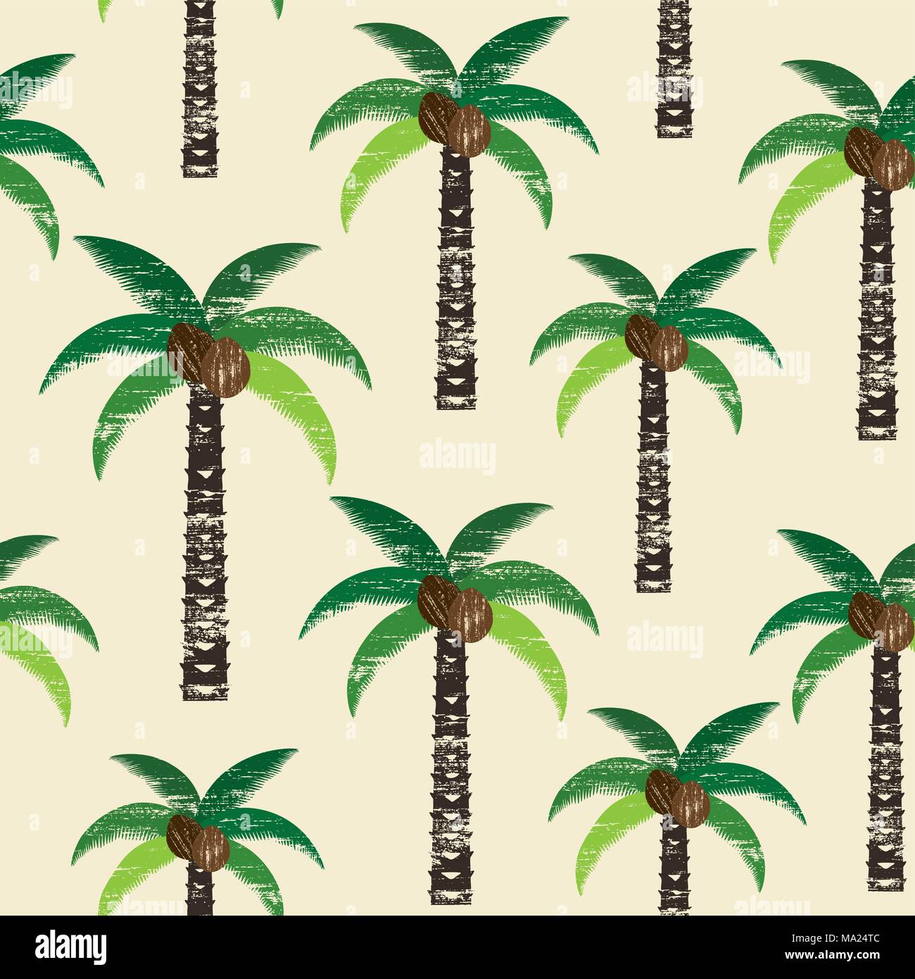 Palm trees and coconuts scratched vector seamless pattern background ...