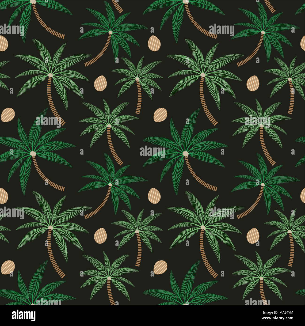 Palm trees and coconuts vector seamless pattern on dark background ...
