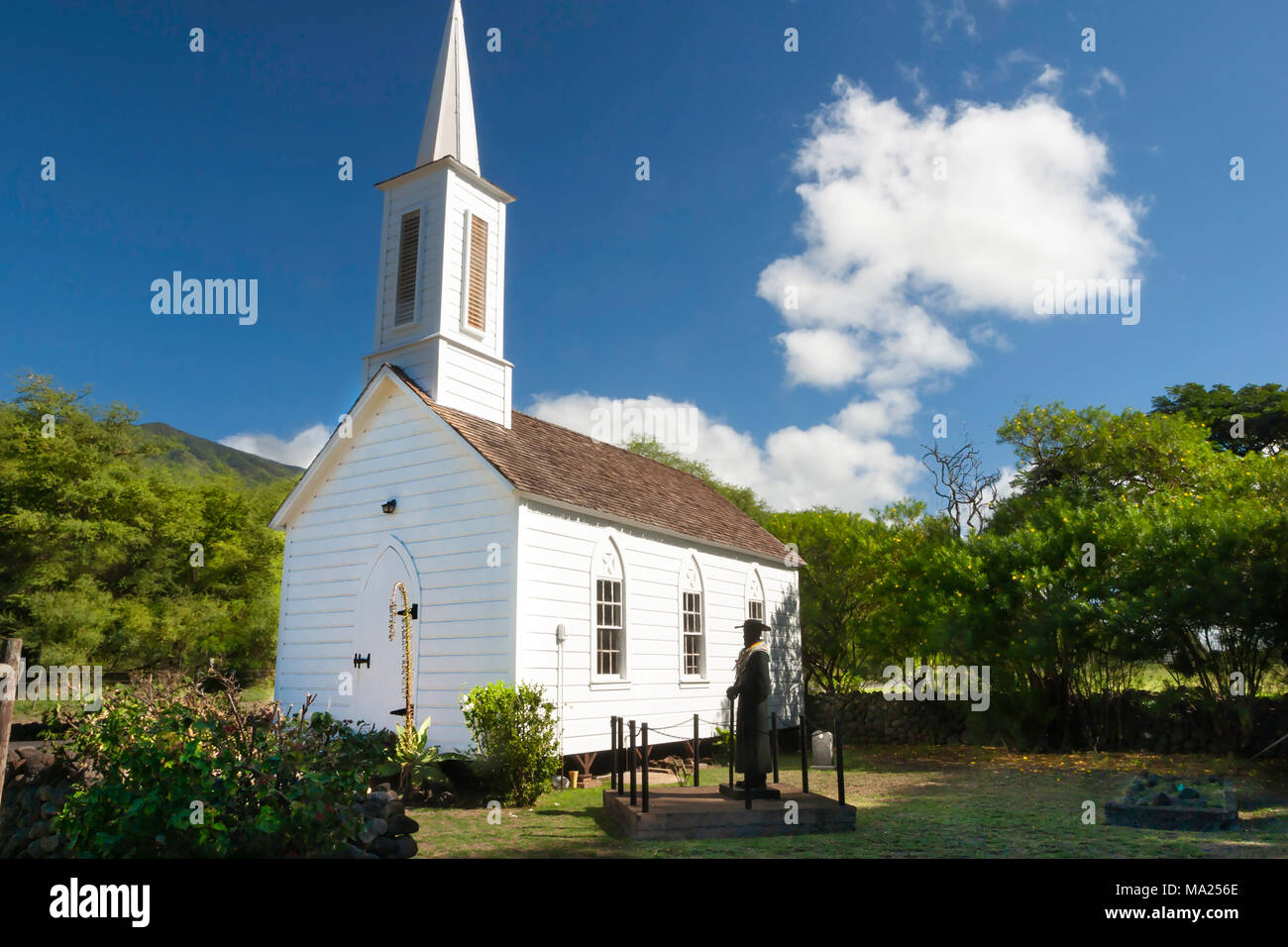 A statue of Father Damien outside St. Damien Church Molokai, Hawaii