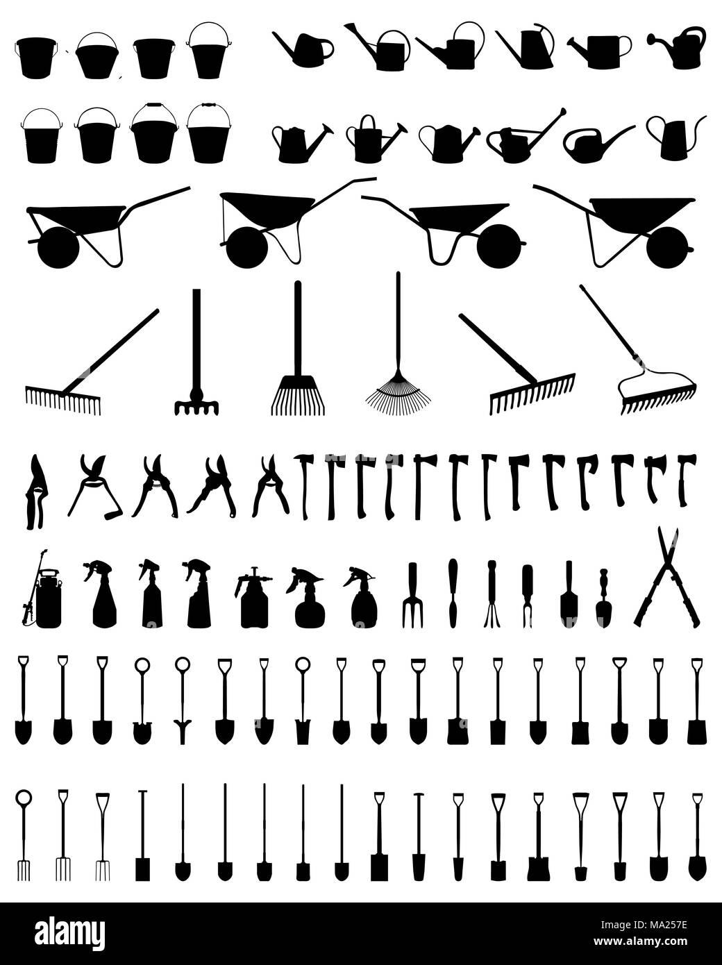 Black silhouettes of garden tools on a white background Stock Photo