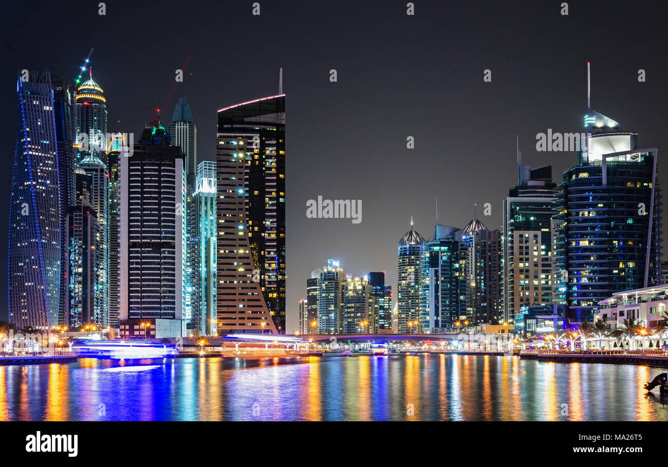 City At Night Skyline Of Dubai Marina At Night Reflected In Water United Arab Emirates Middle East Stock Photo Alamy