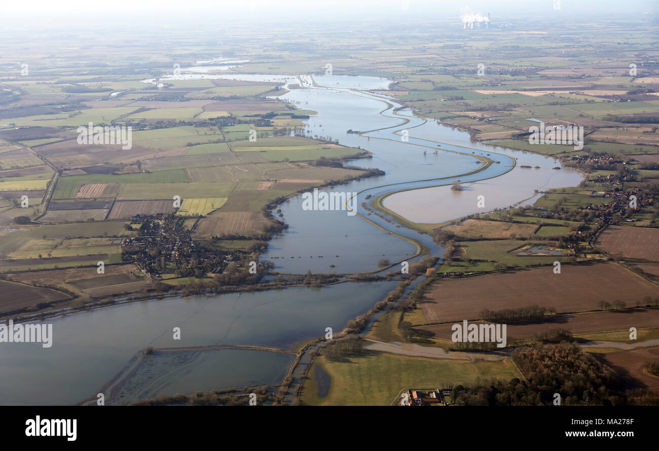 aerial view from overhead Wheldrake looking south across the River Derwent flooding, York, UK Stock Photo