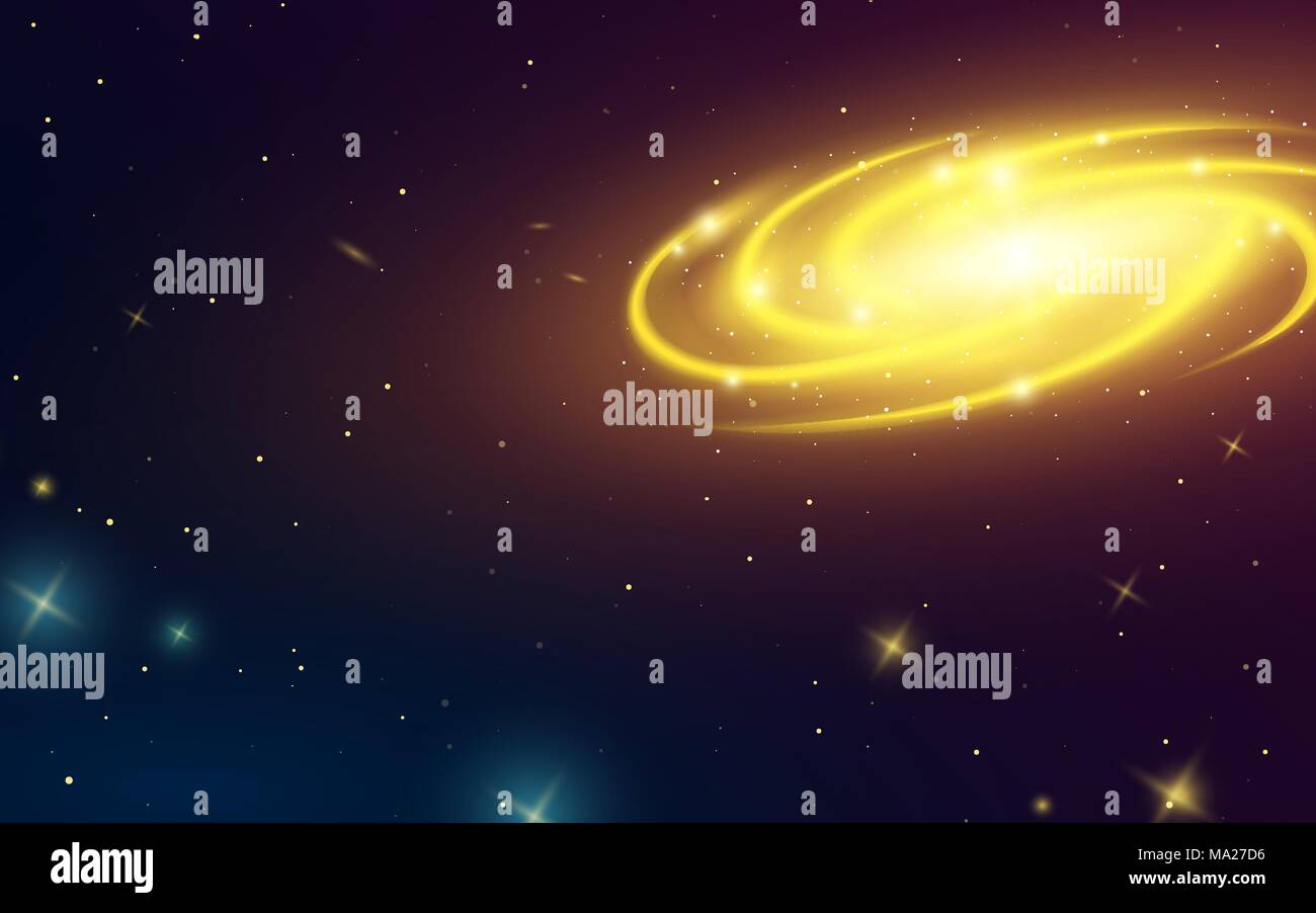 Spiral galaxy in space, illustration of Milky Way. Planets in solar system. Stars in the dark. Astronomical card. Background or Neon Poster for web. Supernova light. Stock Vector