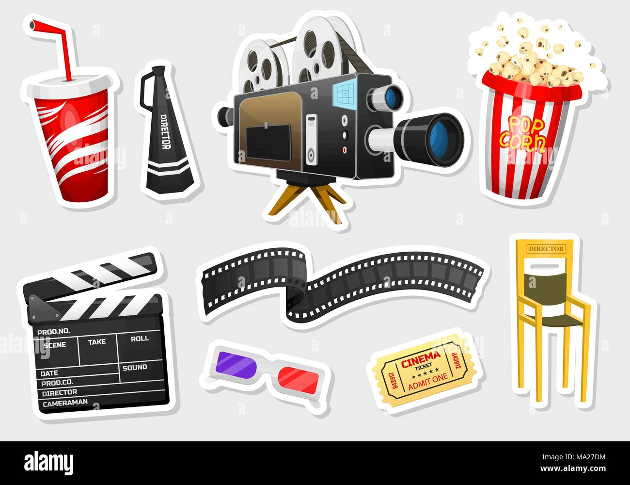 Movie stickers. Vintage cinema, entertainment and recreation with