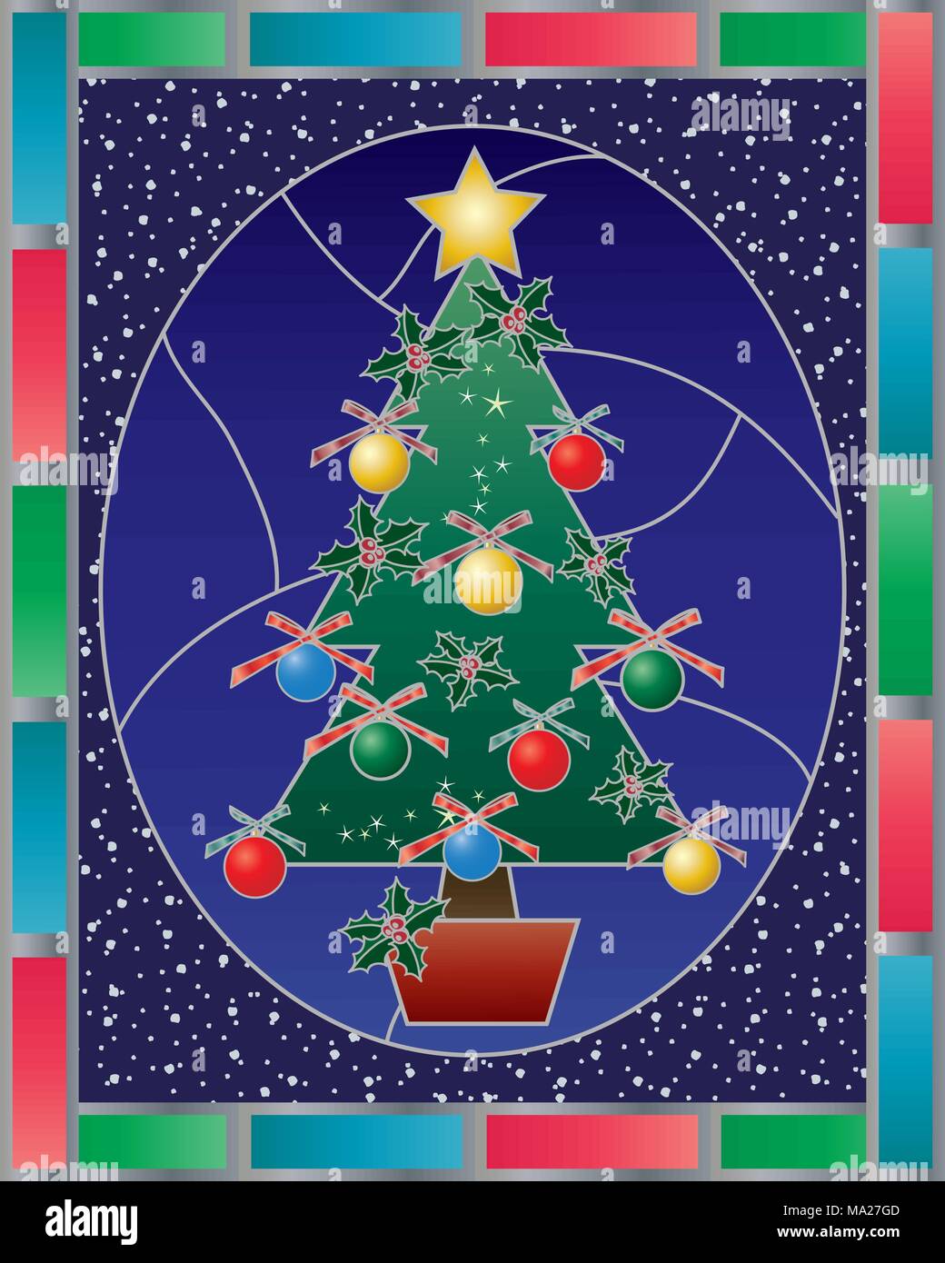 Download An Illustration Of An Abstract Stained Glass Christmas Window With Christmas Tree And Decorations Snow And Red Blue And Green Border Stock Vector Image Art Alamy 3D SVG Files Ideas | SVG, Paper Crafts, SVG File