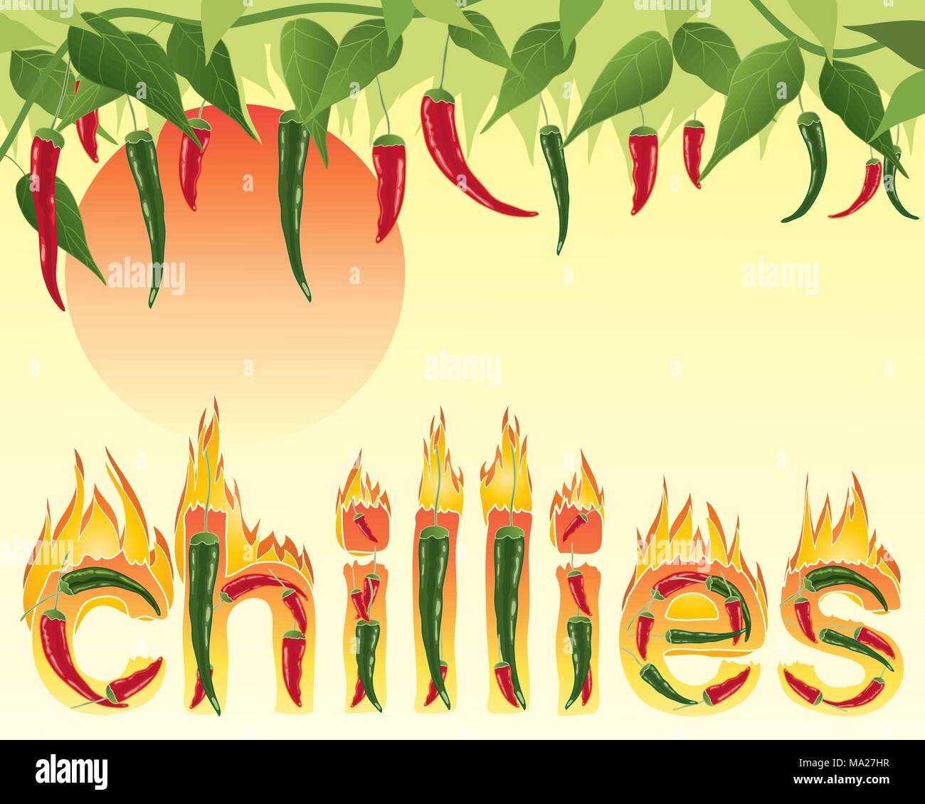 an illustration of hot red and green chillies spelling the word with