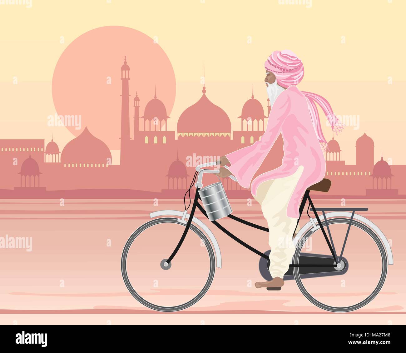 an illustration of a sikh man on a bicycle travelling along a hot city road at sunset in traditional dress with a tiffin and mughal architecture in th Stock Vector