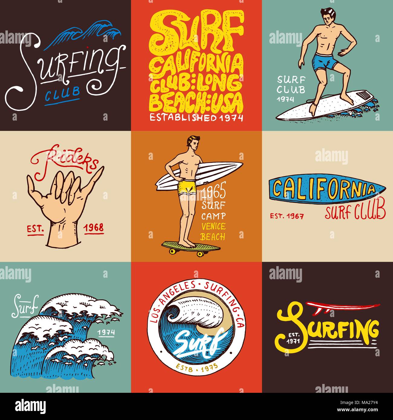Surf badge and wave, palm tree and ocean. tropics and california. man ...
