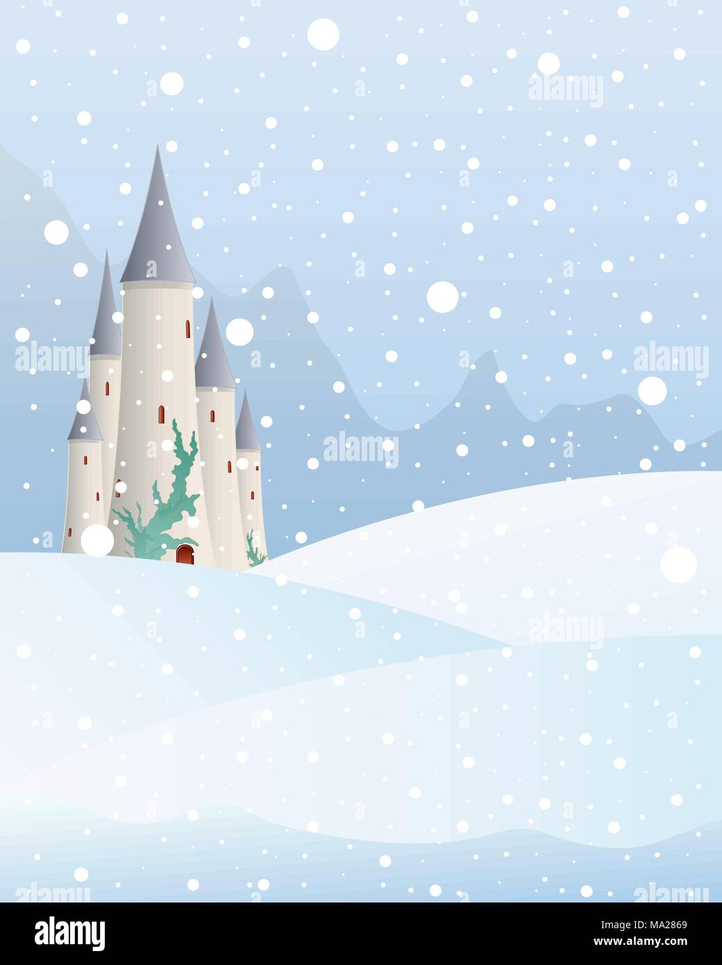 an illustration of a fairytale castle in a christmas mountain landscape with snow falling on a cold winter day - Christmas Mountain an illustration of a fairytale castle in a christmas mountain landscape with snow falling on a cold winter day - Christmas Mountain