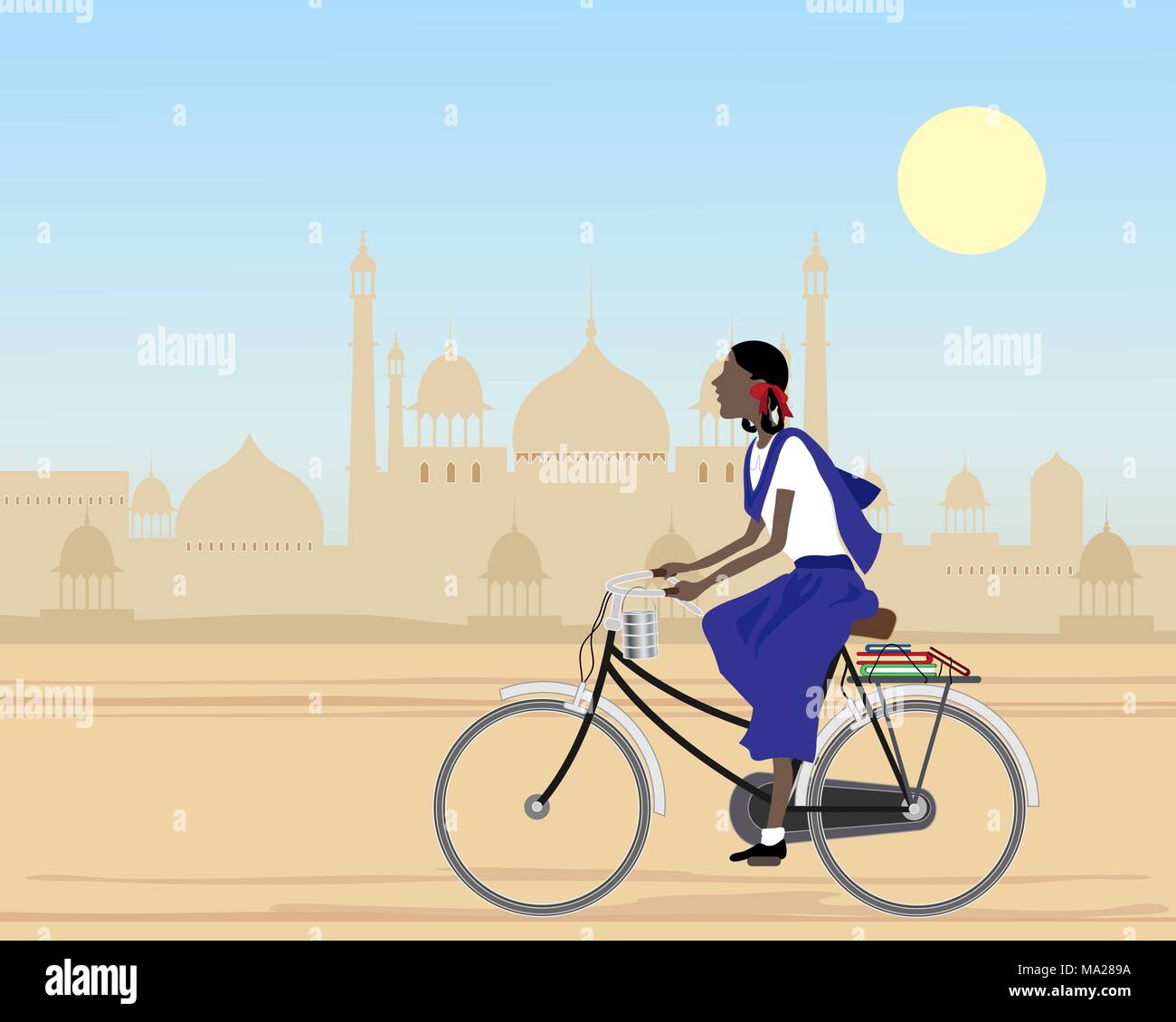 an illustration of an asian schoolgirl on her way to college riding a bicycle with books and lunch tiffin in an indian city under a blue sky Stock Vector