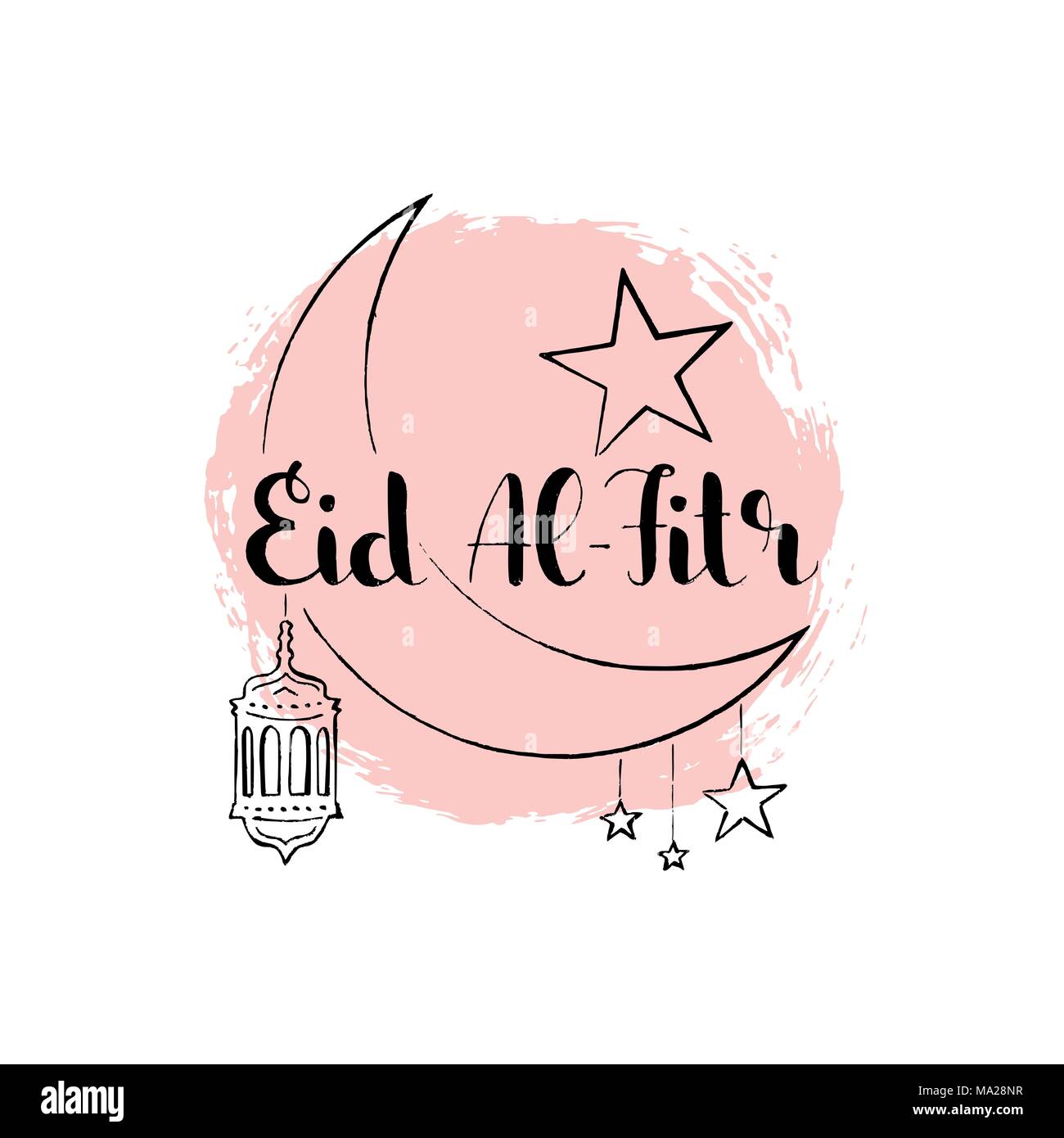 Eid Al-Fitr handwritten lettering. Feast of breaking the fast. Modern vector hand drawn calligraphy with crescent moon, hanging stars and lantern Stock Vector