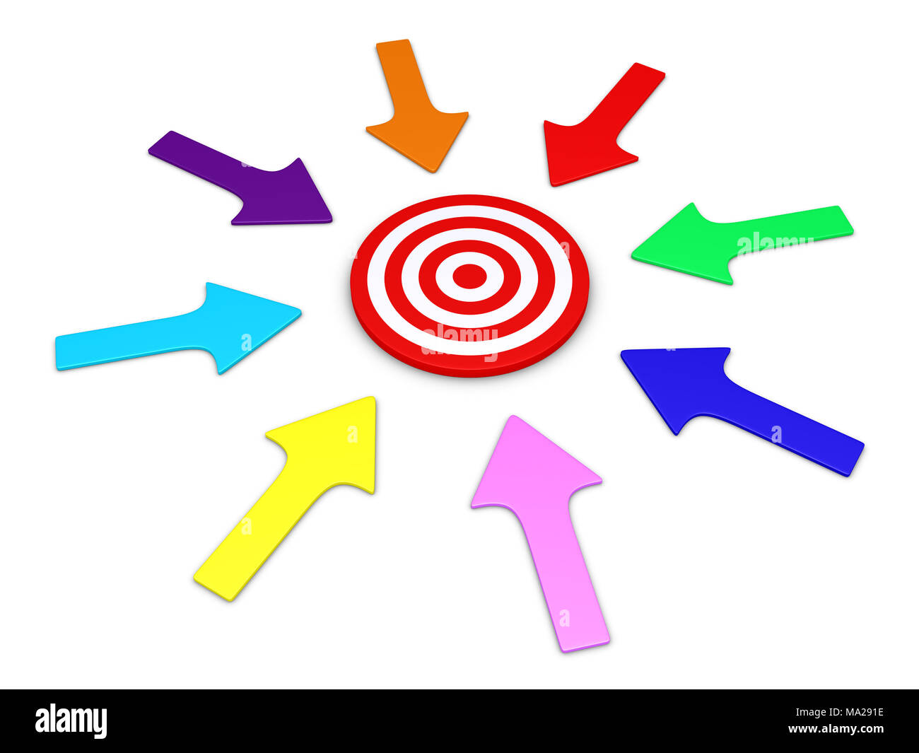 Different arrows around a target pointing to the center Stock Photo