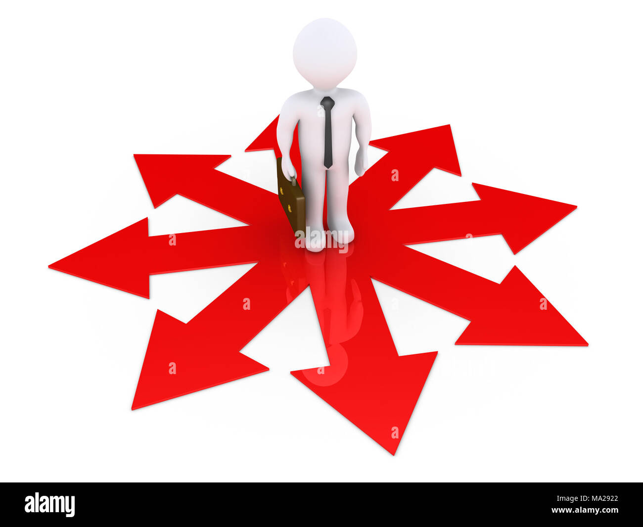 3d businessman standing on arrows that point at different directions Stock Photo