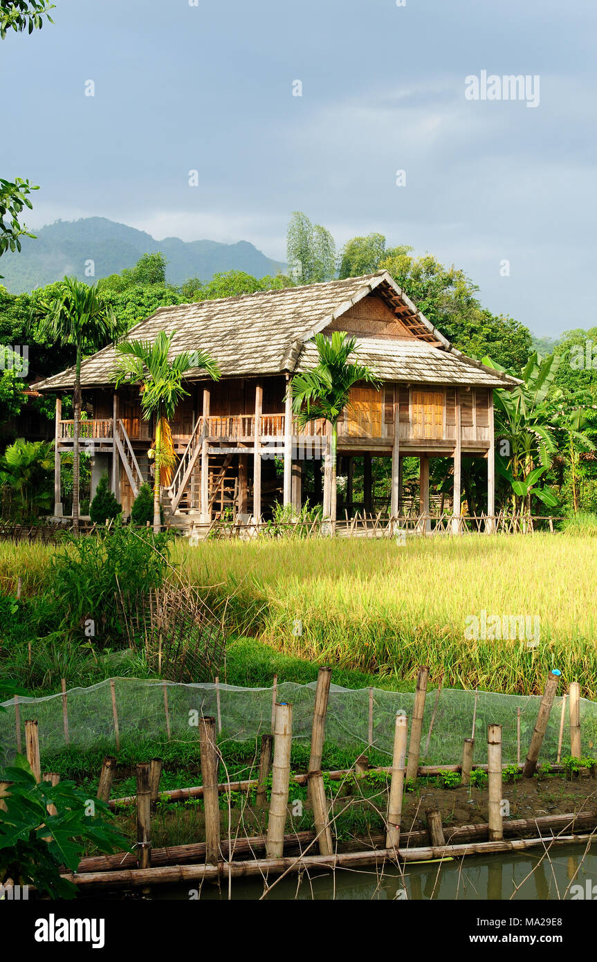 Wooden house on stilts in Asia in the Vietnamese village Stock Photo