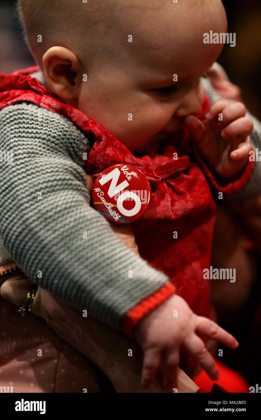 A vote no badge is seen on Edel Kavanagh, five months, at the official launch of the Save the 8th &Ograve;Vote NO&Oacute; campaign ahead of Ireland's upcoming referendum on the law on abortion in Ireland. Stock Photo