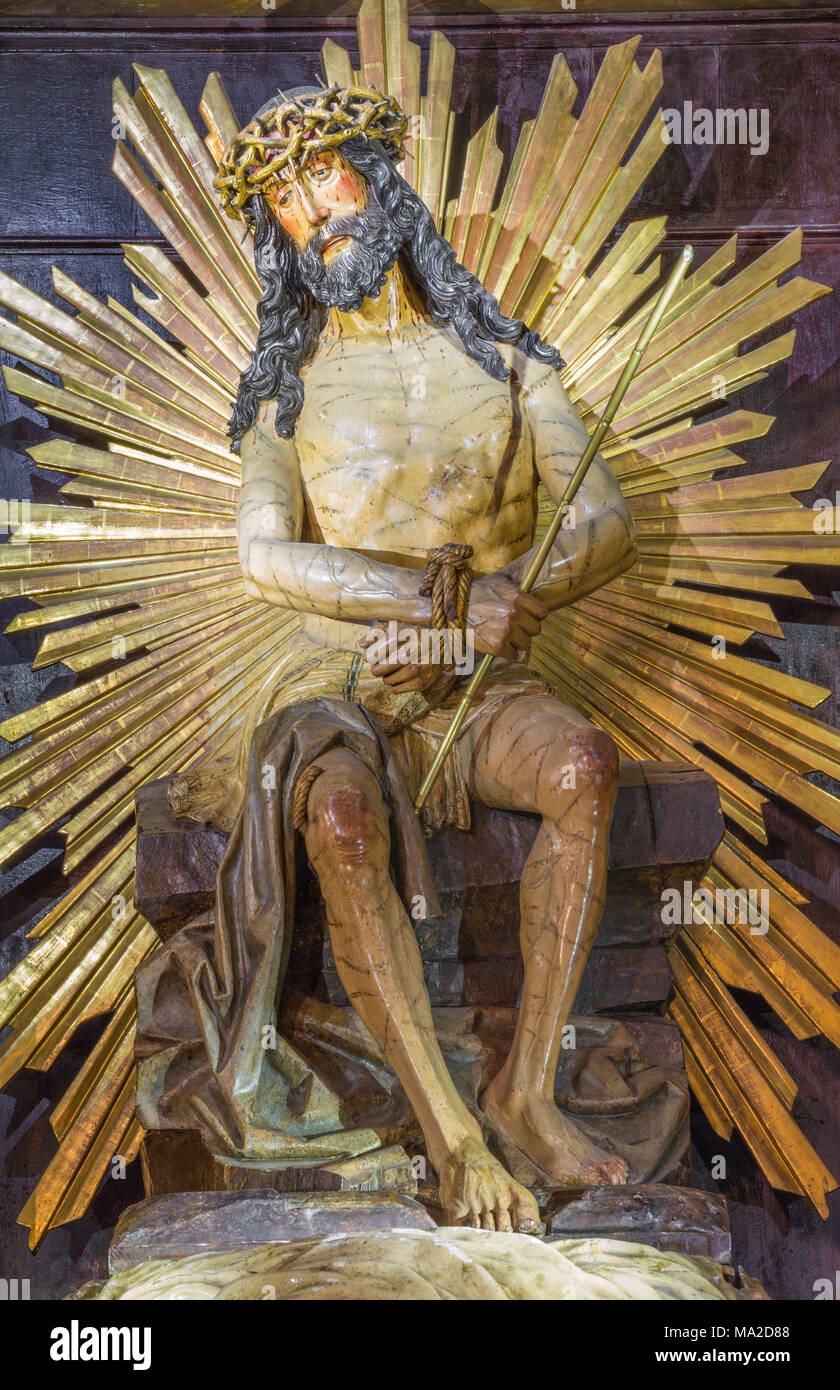 ZARAGOZA, SPAIN - MARCH 1, 2018: The statue of tortured (Ecce Homo) Jesus in church Iglesia de San Felipe y Santiago el Menor by unknown artist. Stock Photo