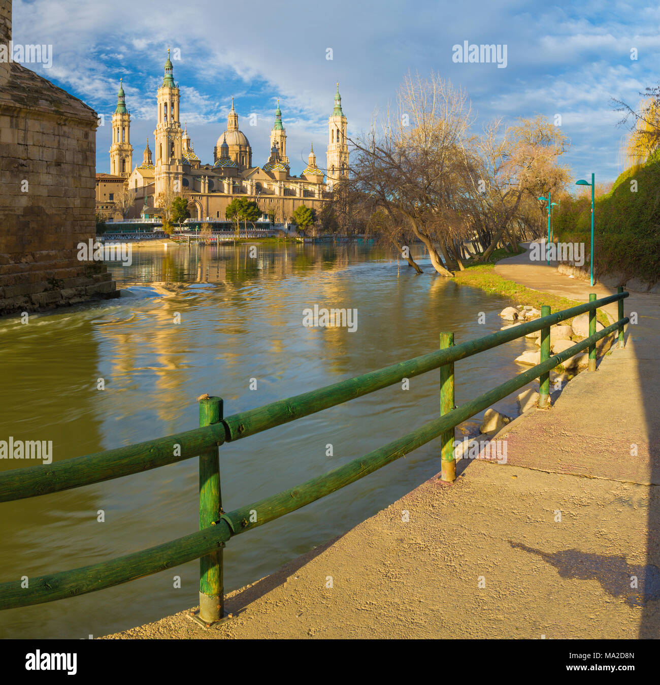 Zaragoza - The Basilica del Pilar with the riverside of Ebro river in the morning light. Stock Photo