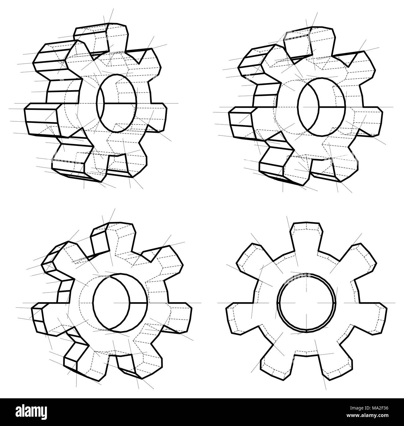 Four gears, white background. 3d gears in wireframe style. 3d