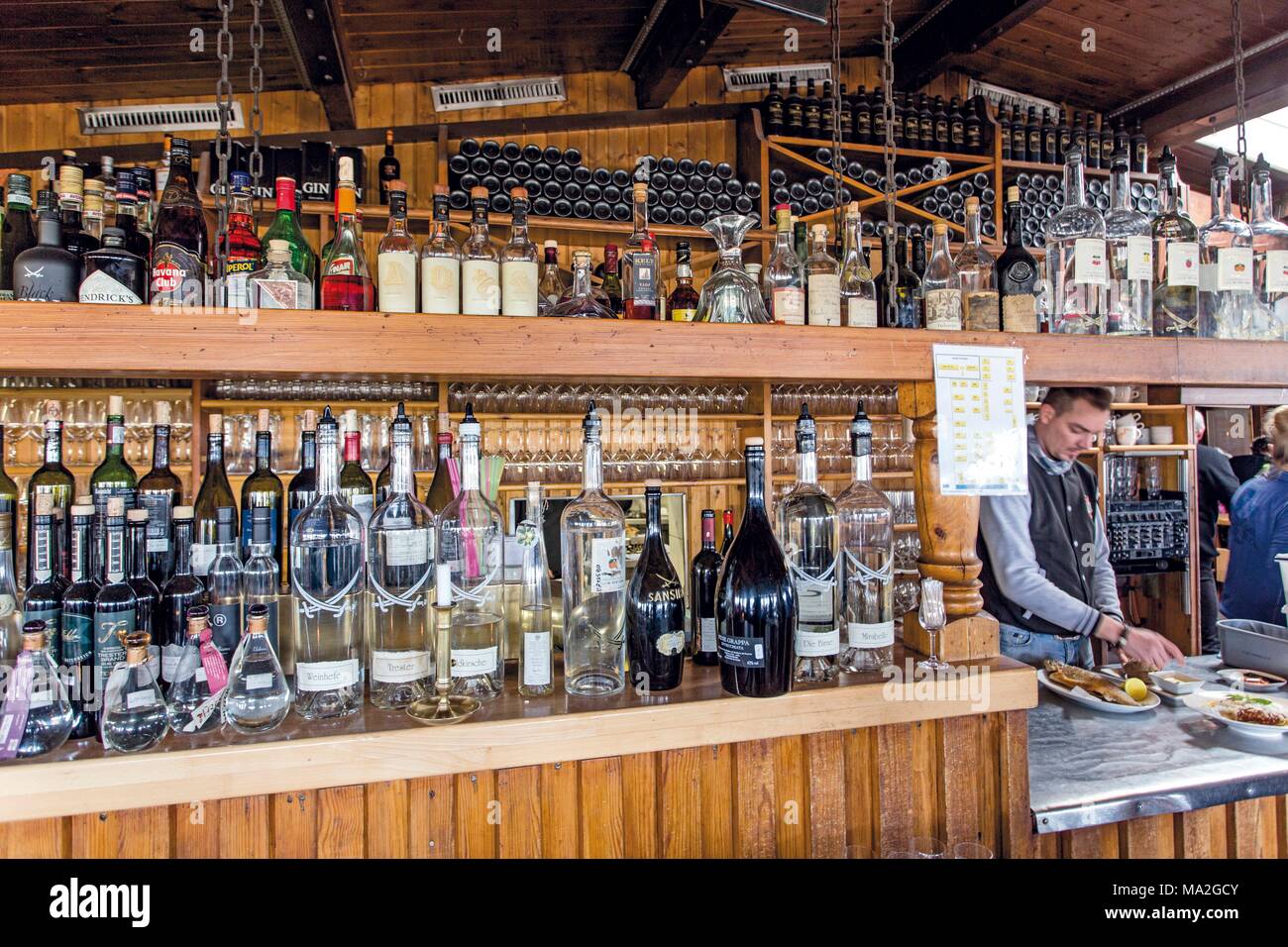 The well-stocked bar in the restaurant Sansibar, Sylt Stock Photo