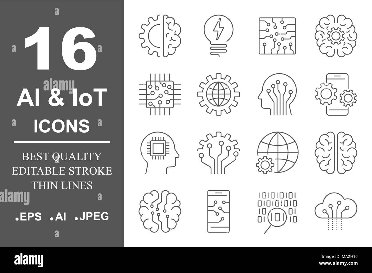 Simple set of artificial intelligence related line icons contains such icons as droid, eye, chip, brain. Editable Stroke. EPS 10 Stock Vector