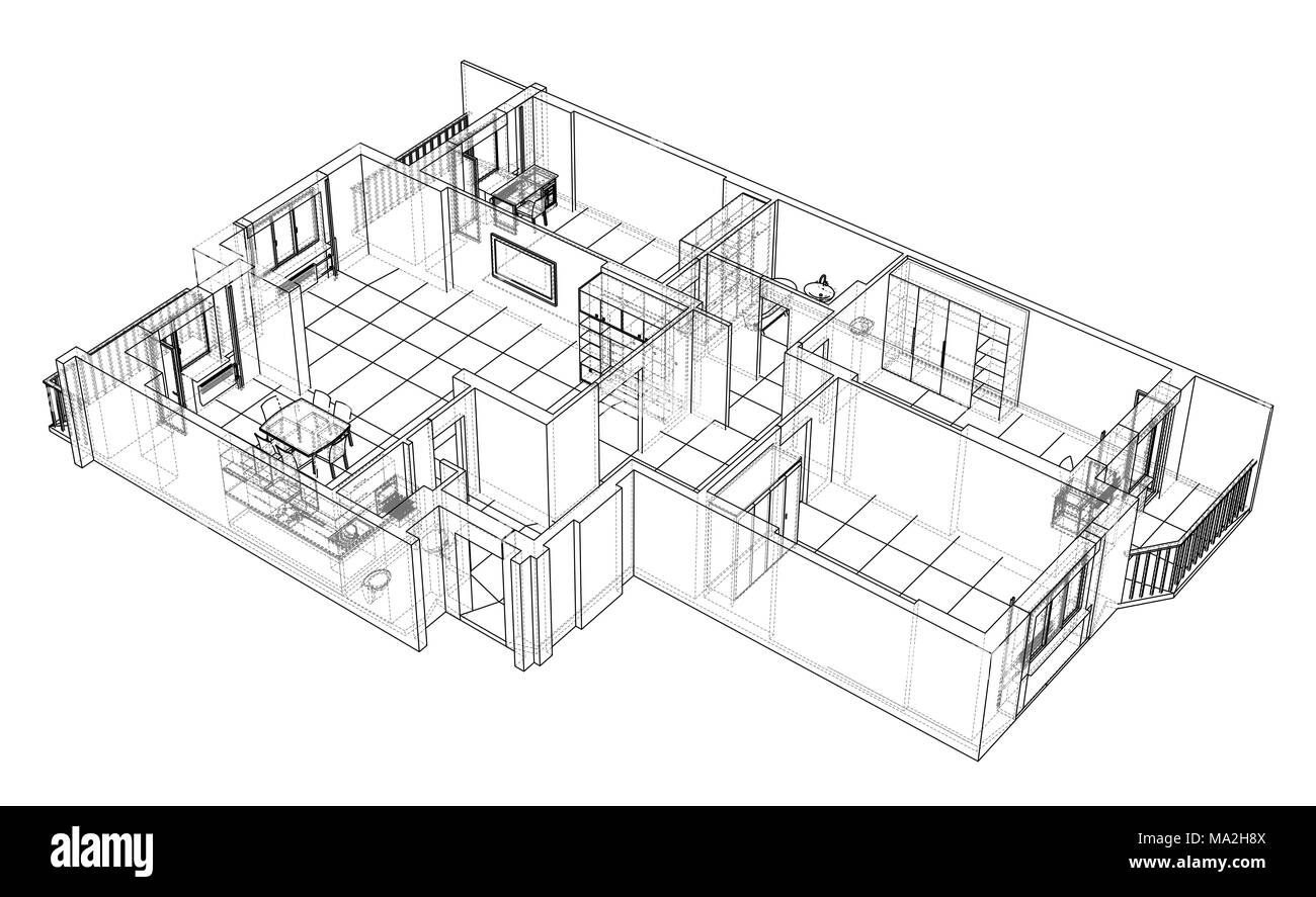 Interior sketch or blueprint. 3d illustration. Wire-frame style Stock Photo