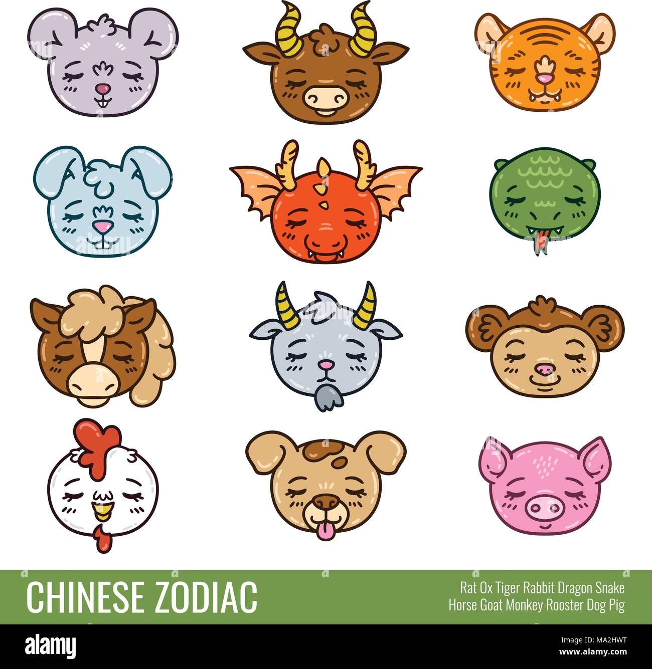 Cute chinese zodiac. Cute animals. Horoscope. Isolated objects on white
