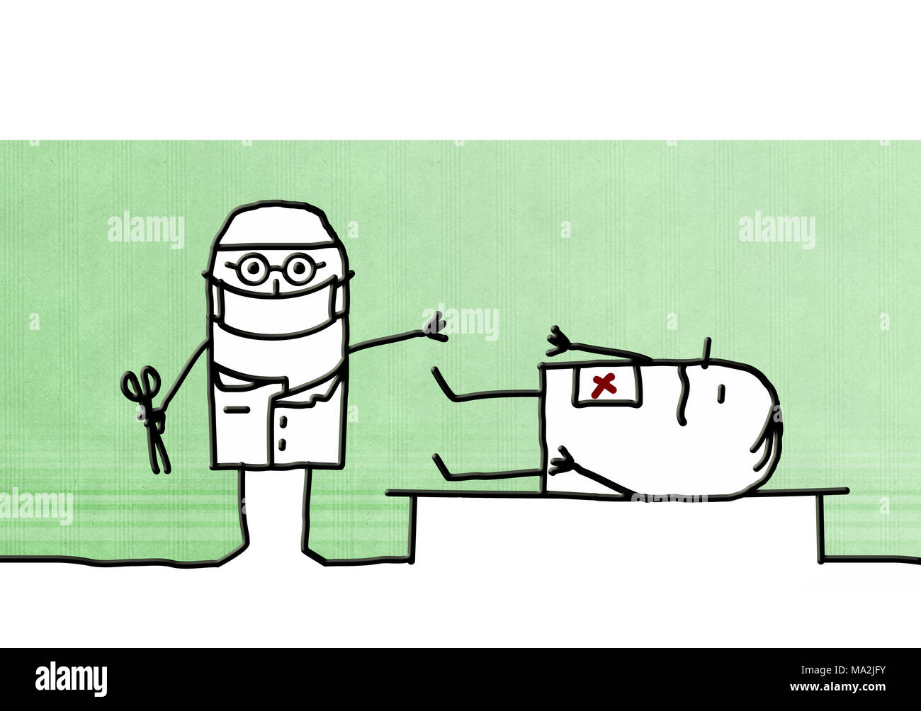 Cartoon surgeon with patient on a table Stock Photo