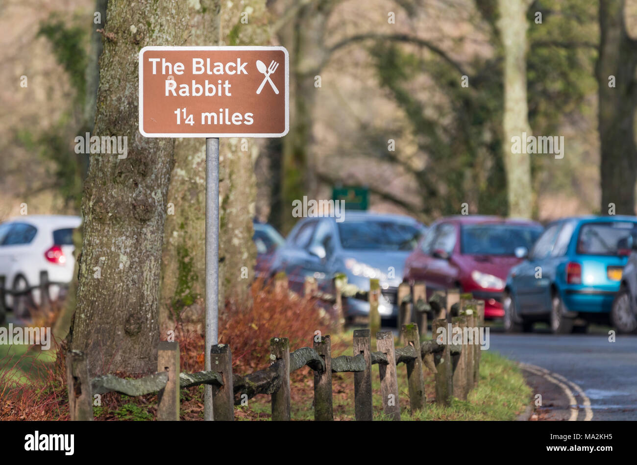 Local road sign to the Black Rabbit pub in Arundel, West Sussex, England, UK. Stock Photo
