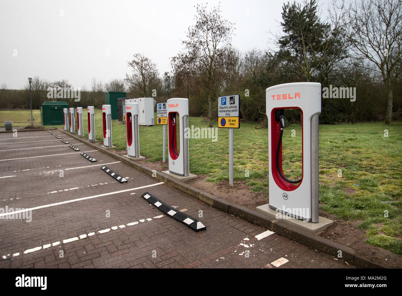 Electric car recharging points at Warwick Service Station on the M40 motorway in Warwickshire