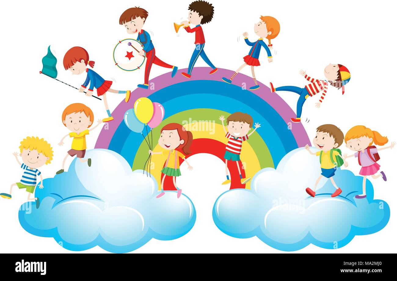 Children playing music over the rainbow illustration Stock Vector Image ...