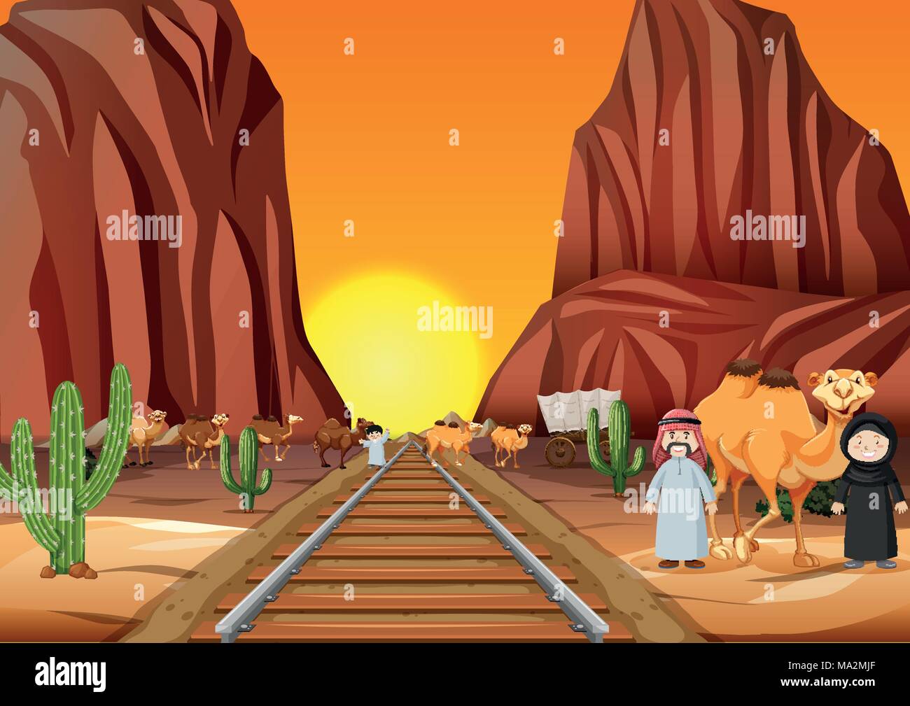 Camels and arab people crossing the railroad at sunset illustration Stock Vector