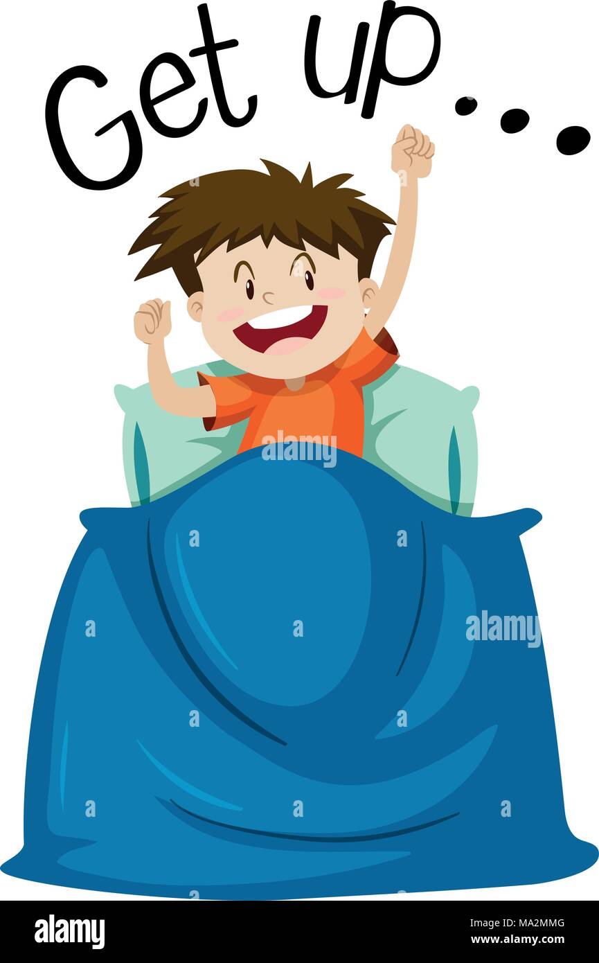 Wordcard for get up with boy getting up illustration Stock Vector