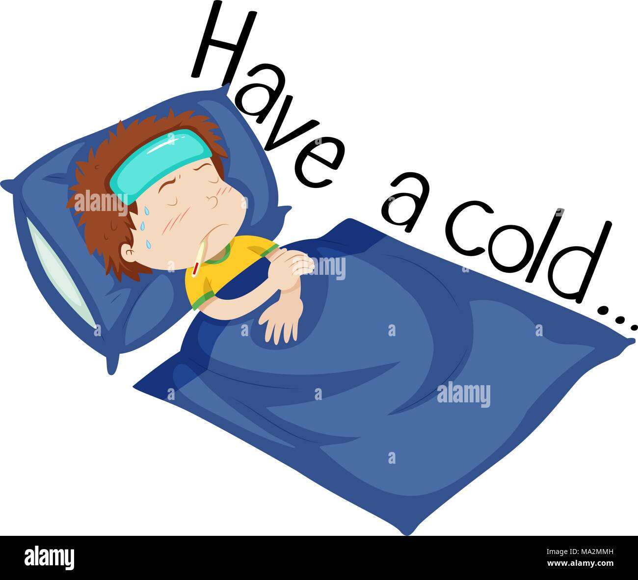 Wordcard for have a cold with boy being sick in bed illustration Stock  Vector Image & Art - Alamy