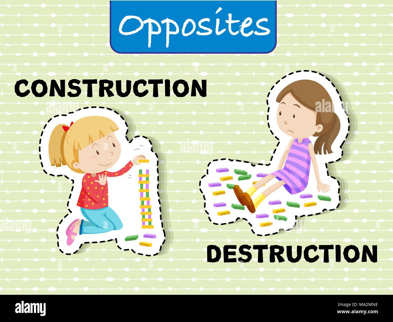 Opposite words for construction and destruction illustration Stock
