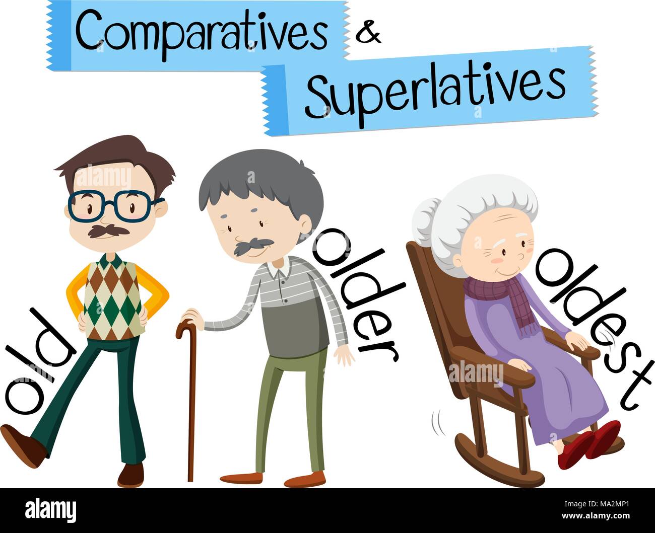 English grammar for comparatives and superlatives with word old illustration Stock Vector