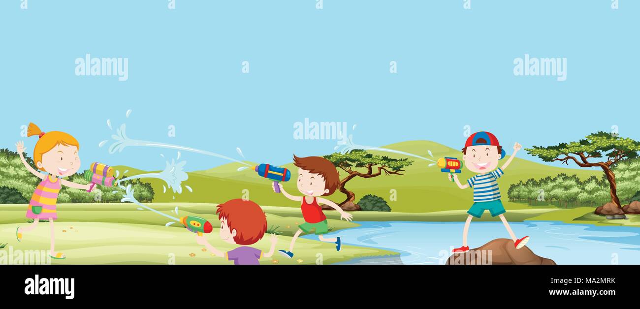 Four kids playing watergun in park illustration Stock Vector Image ...
